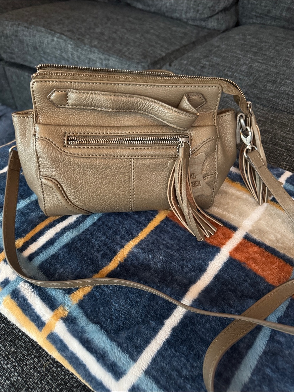 Haiku Tan/Gold-Tone Leather Crossbody with Tassel Detail